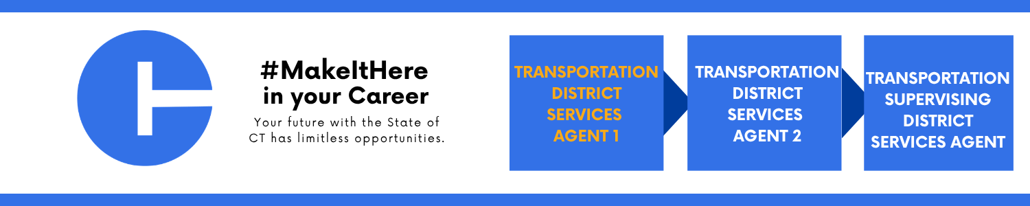 A graphic featuring a large blue circular “C” logo on the left, next to the text “#MakeItHere in your Career” and “Your future with the State of CT has limitless opportunities.” To the right, three blue boxes show a career progression: “Transportation District Services Agent 1,” “Transportation District Services Agent 2,” and “Transportation Supervising District Services Agent.” Each box is connected by a blue arrow, indicating advancement.